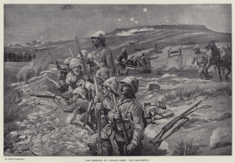Obrana Caesarova tábora, "opravte bajonety!" (litho) od Richard Caton II (after) Woodville