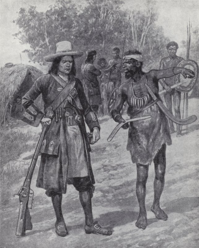 William Dampier s domorodým mužem během jeho průzkumu Austrálie, konec 17. století (litho) od Richard Caton II (after) Woodville