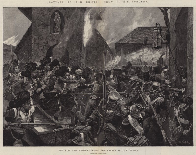 Bitvy britské armády, Corunna, 42. Highlanders vyhánějící Francouze z Elviny od Richard Caton Woodville junior