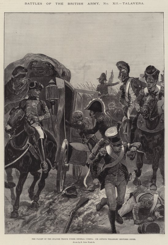 Bitvy britské armády, Talavera, let španělských vojsk pod vedením generála Cuesty, Sir Arthur Wellesley obnovuje pořádek od Richard Caton Woodville junior