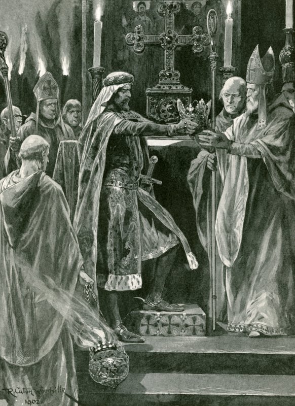 Richard I. předává korunu arcibiskupovi před aktem korunovace od Richard Caton Woodville junior