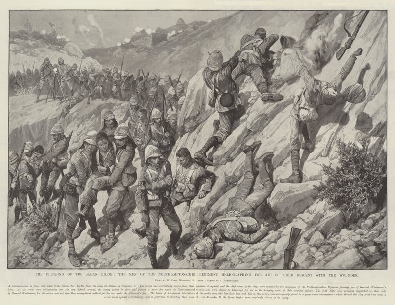 Clearing of the Saran Ridge, Muži z Northamptonshire Regimentu heliograficky hledající pomoc při sestupu s raněnými od Richard Caton Woodville junior