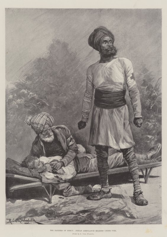 The Dangers of Mercy, indičtí sanitní nosiči pod palbou od Richard Caton Woodville junior