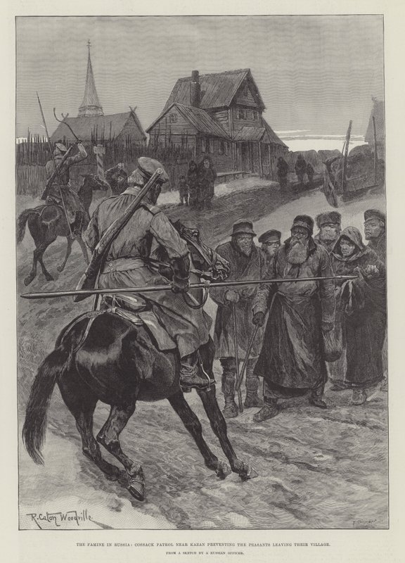 Hladomor v Rusku, kozácká hlídka u Kazaně bránící rolníkům opustit vesnici od Richard Caton Woodville junior