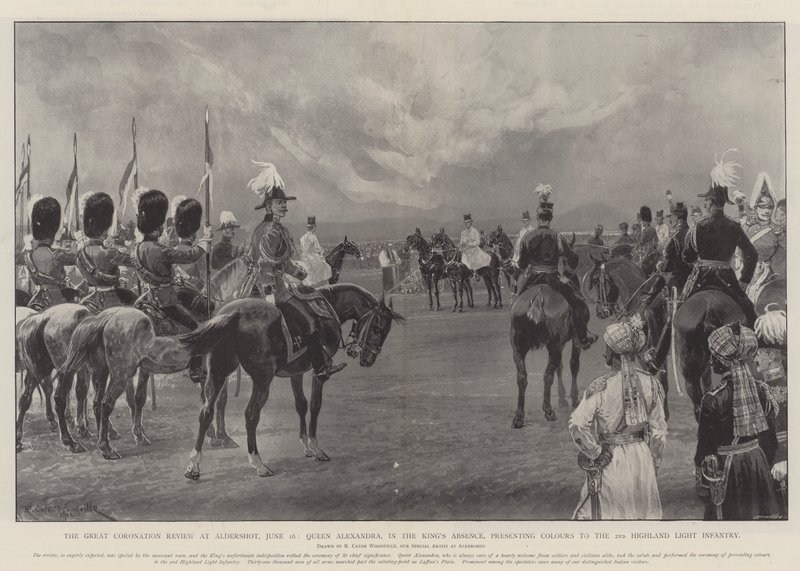 The Great Coronation Review na Aldershotu, 16. června, královna Alexandra, v králově nepřítomnosti, představující barvy pro 2. lehkou pěchotu Highland od Richard Caton Woodville junior
