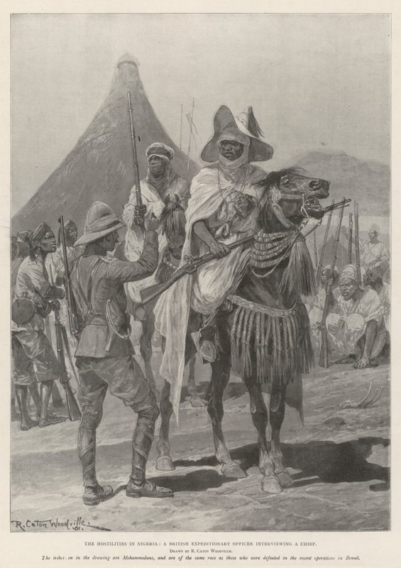 The Hostilities in Nigeria, britský expediční důstojník vyslýchající náčelníka od Richard Caton Woodville junior