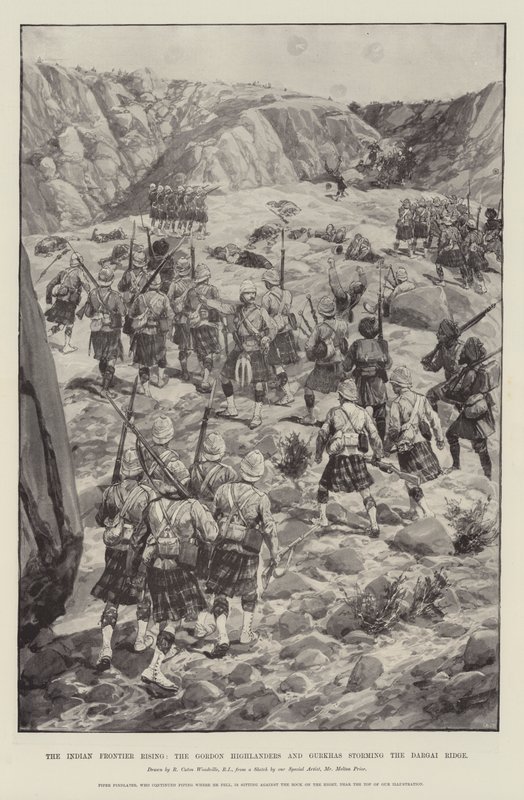 Povstání indických pohraničníků, Gordon Highlanders a Gurkhové útočí na hřeben Dargai od Richard Caton Woodville junior