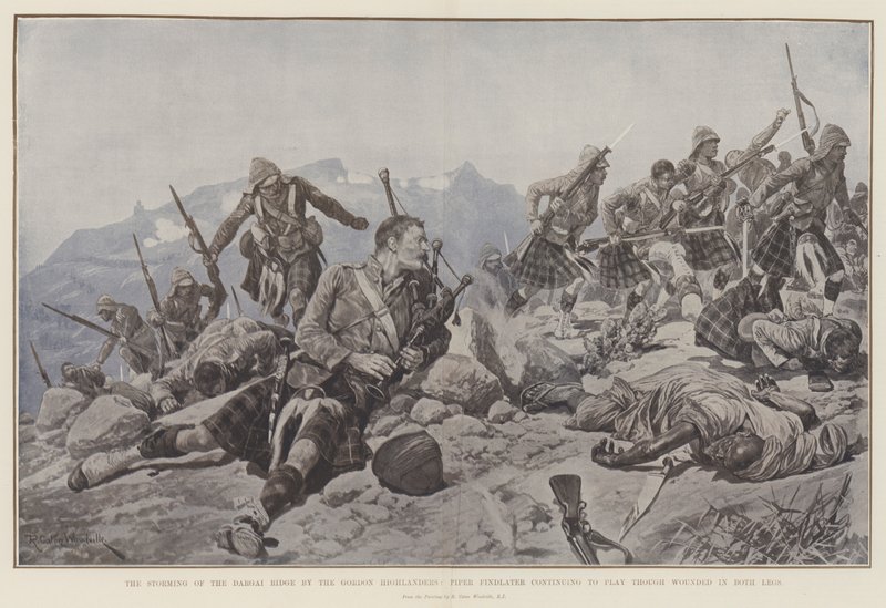 Útok Gordon Highlanders na hřeben Dargai, Piper Findlater pokračuje ve hře, ačkoli je zraněn na obou nohách. od Richard Caton Woodville junior