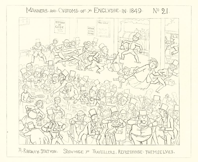 1849, Železniční stanice ukazující cestujícím osvěžující se od Richard Doyle
