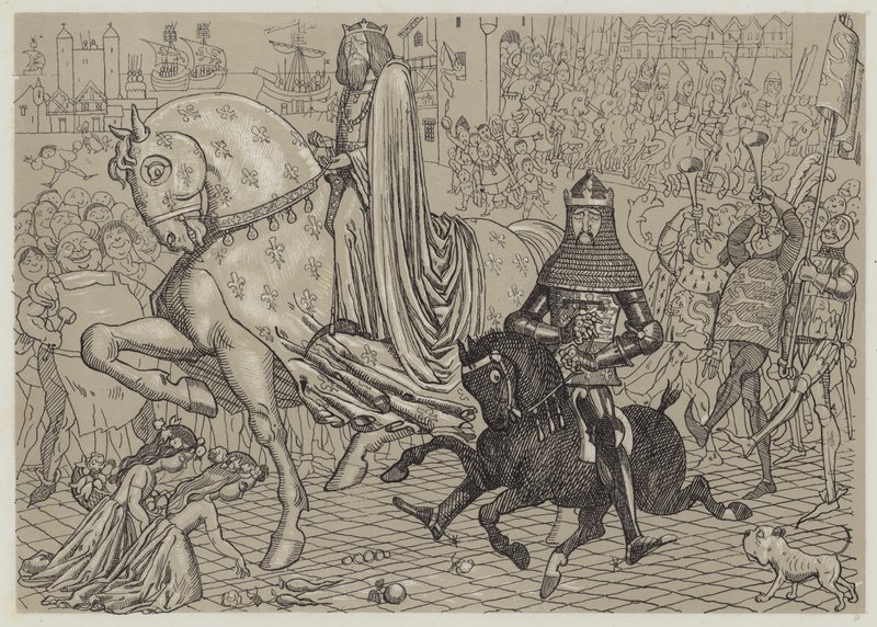 Černý princ Eduard se svým vězněm, francouzským králem Janem, vjíždí do Londýna (akvatinta) od Richard Doyle