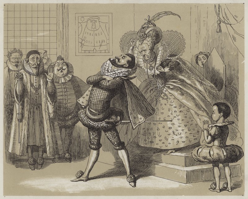 Nápadná scéna mezi královnou Alžbětou a jejím oblíbeným Essexem (akvatinta) od Richard Doyle