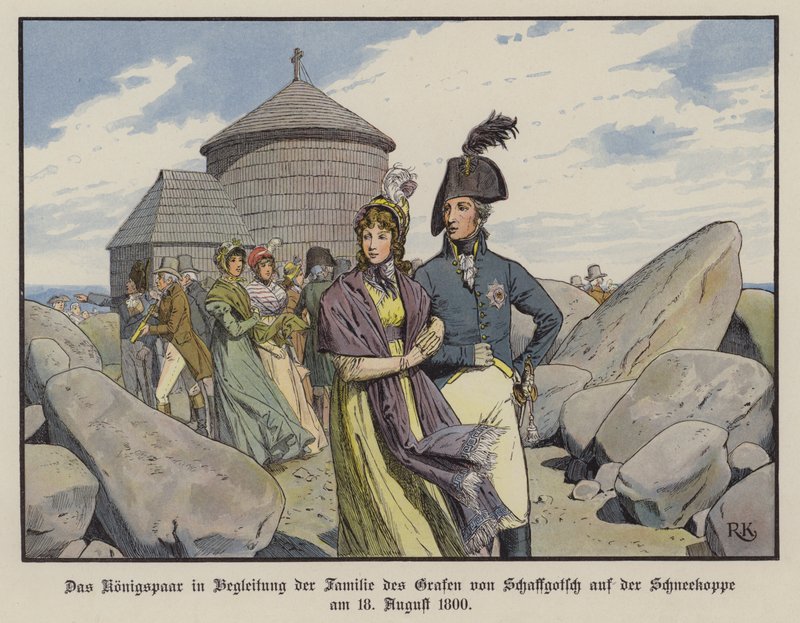 Král Fridrich Vilém III. a královna Luisa Pruská ve společnosti rodiny hraběte von Schaffgotsche na Schneekoppe, srpen 1800 (barevné lito) od Richard Knotel