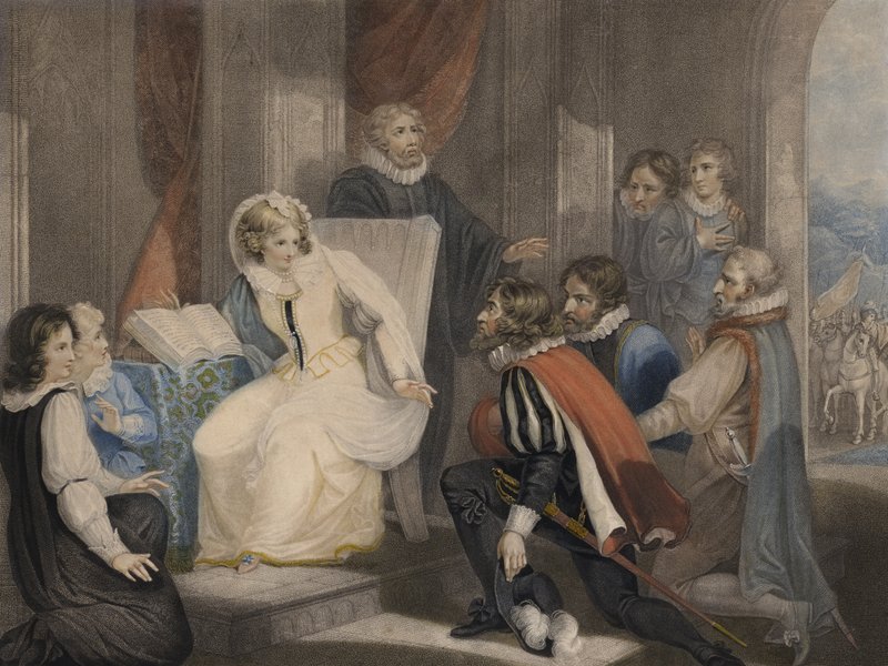 Královna Alžběta I. přijímající zprávu o smrti své sestry Queen Mary (barevná akvatinta) od Richard Westall