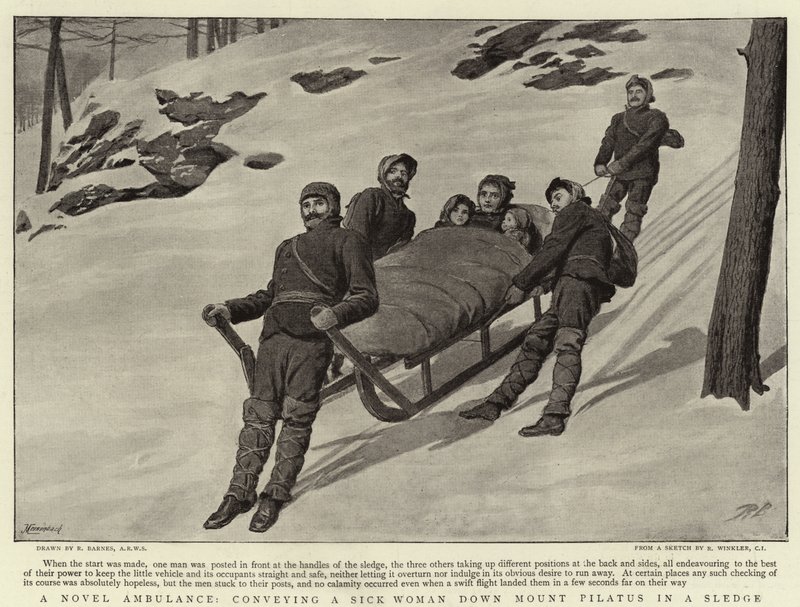 Román sanitka, přepravující nemocnou ženu z hory Pilatus na saních od Robert Barnes