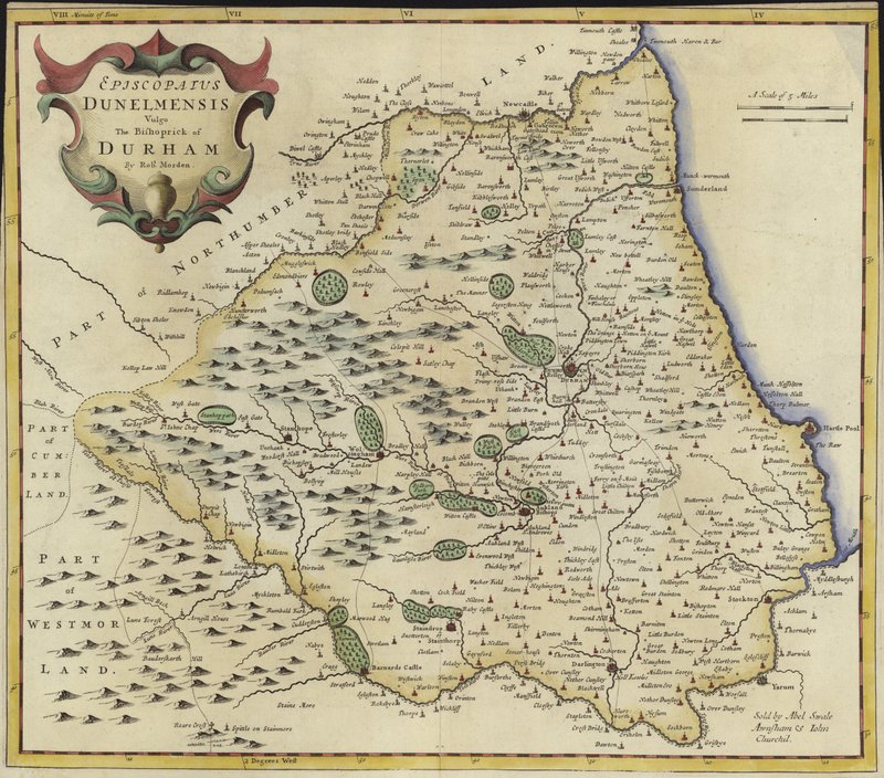 Mapa Durhamu (barevná rytina) od Robert Morden