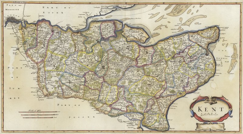 Mapa Kentu (barevná rytina) od Robert Morden