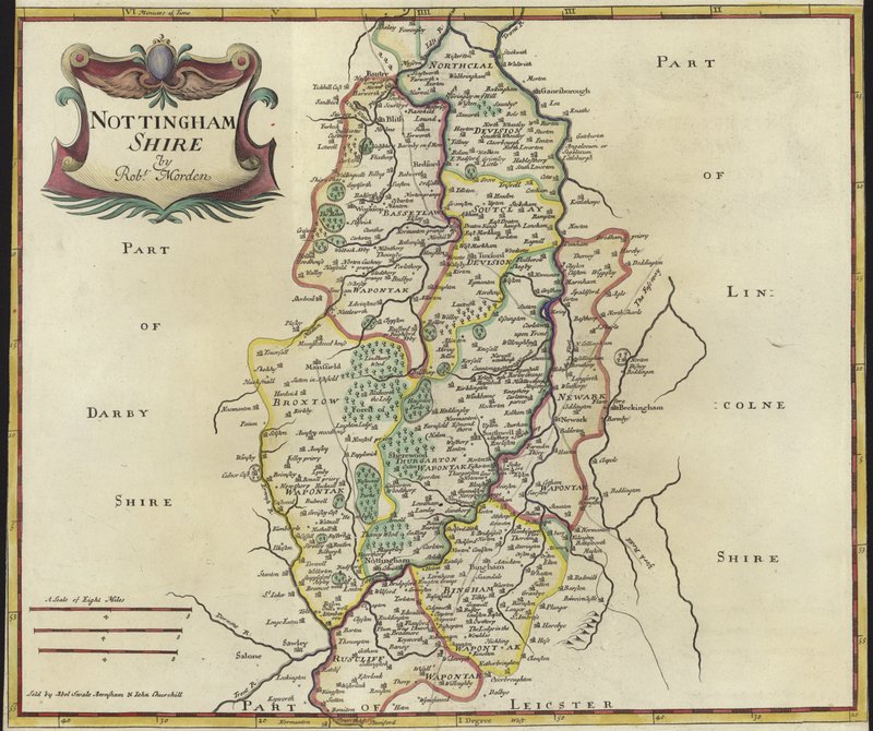 Mapa Nottinghamshire (barevná rytina) od Robert Morden