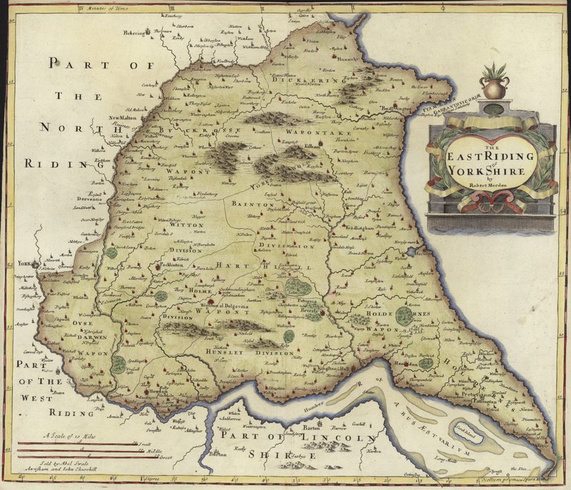 Mapa East Riding of Yorkshire (barevná rytina) od Robert Morden