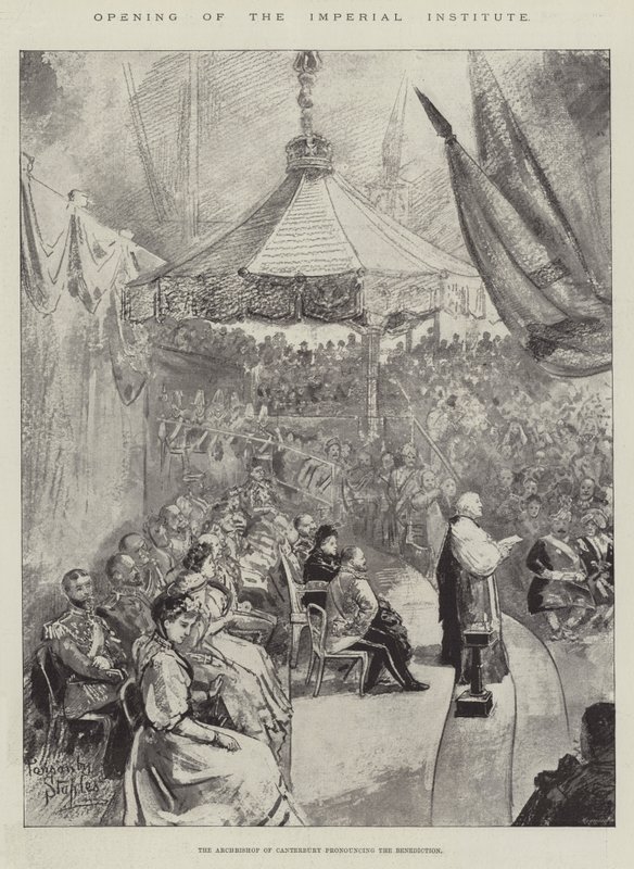 Otevření Imperial Institute, arcibiskup z Canterbury pronesl požehnání od Robert Ponsonby Staples