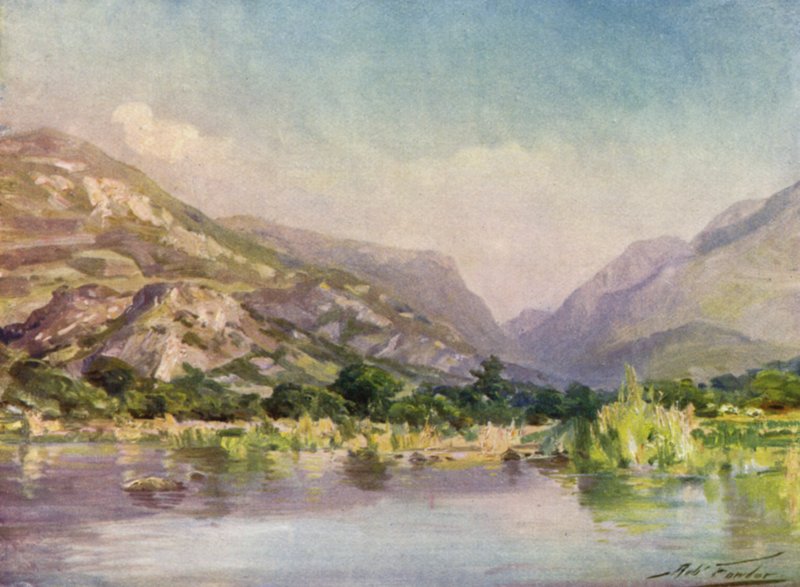 Na řece Seiont, Carnarvonshire, Večerní záře (barevné lito) od Robert (after) Fowler