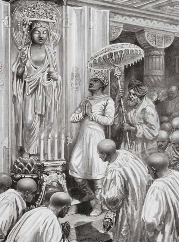 Kániška zahajuje mahájánový (severní) buddhismus, 100 n. l. (litografie) od Robert Ambrose Dudley