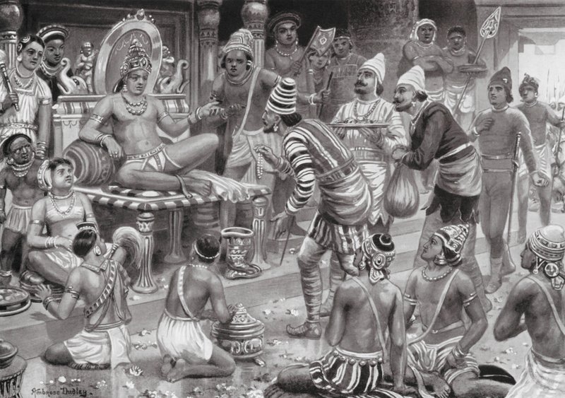 Pulikesin II., Chalukhya, přijímá vyslance z Persie (litografie) od Robert Ambrose Dudley