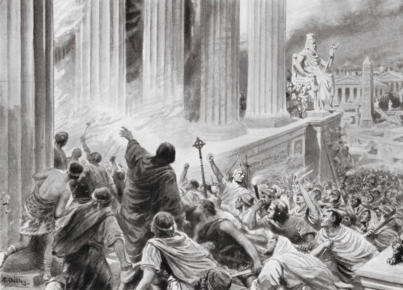 Vypálení knihovny v Alexandrii, 391 n. l. (litografie) od Robert Ambrose Dudley