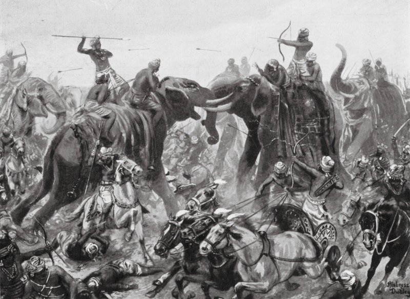 Porážka Pulikesina II Chalukhya Mahamallou Pallavou v Badami, 642 n. l. (litografie) od Robert Ambrose Dudley