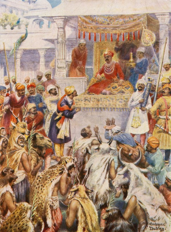 Chán Džahán ukazuje Akbarovi své knížecí zajatce (barevná litografie) od Robert Ambrose Dudley