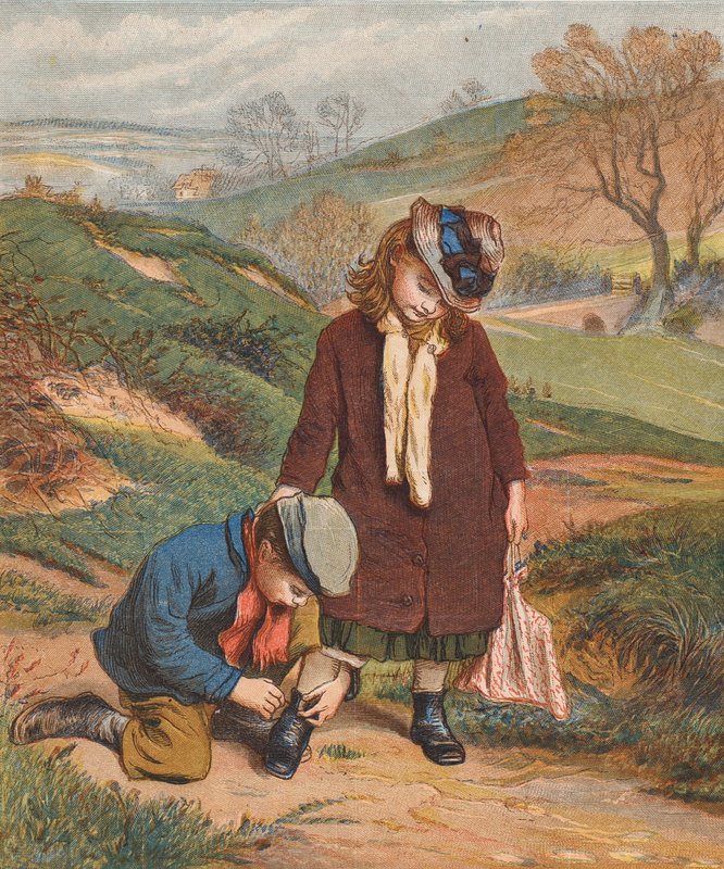 Přítel v nouzi, chlapec zavazuje dívce boty (barevná litografie) od Robert Barnes