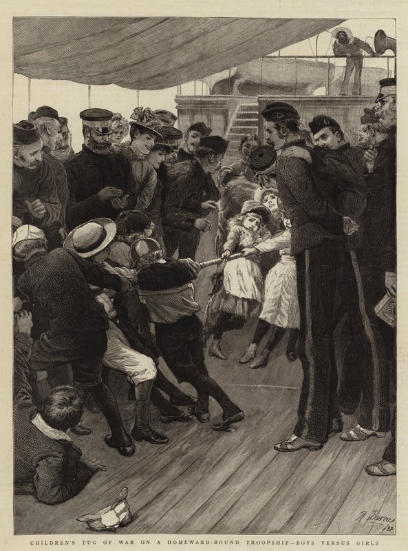 Dětská přetahovaná o vojenskou loď s návratem domů, chlapci versus dívky od Robert Barnes