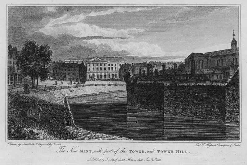 Nová mincovna s částí věže a Tower Hill (rytina) od Robert Blemell (after) Schnebbelie