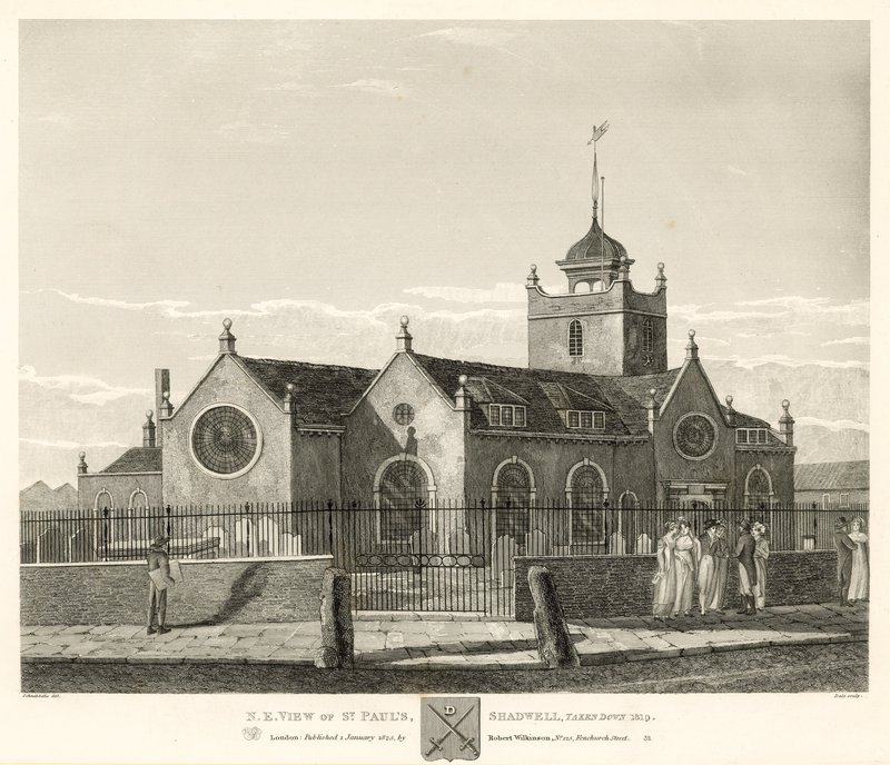 Severovýchodní pohled na katedrálu svatého Pavla, Shadwell, Londýn, pořízený v roce 1819 od Robert Blemell Schnebbelie