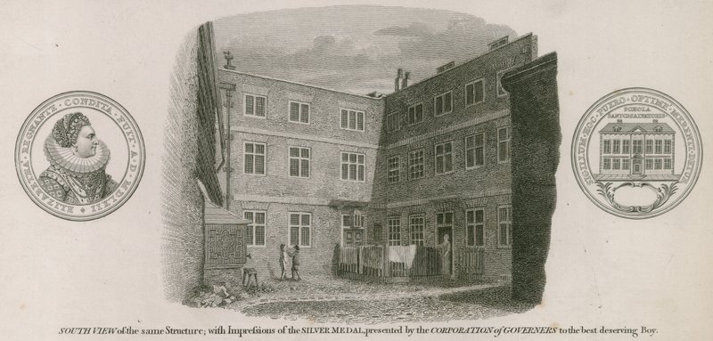 Jižní pohled na bezplatné gymnázium královny Alžběty, St Saviour