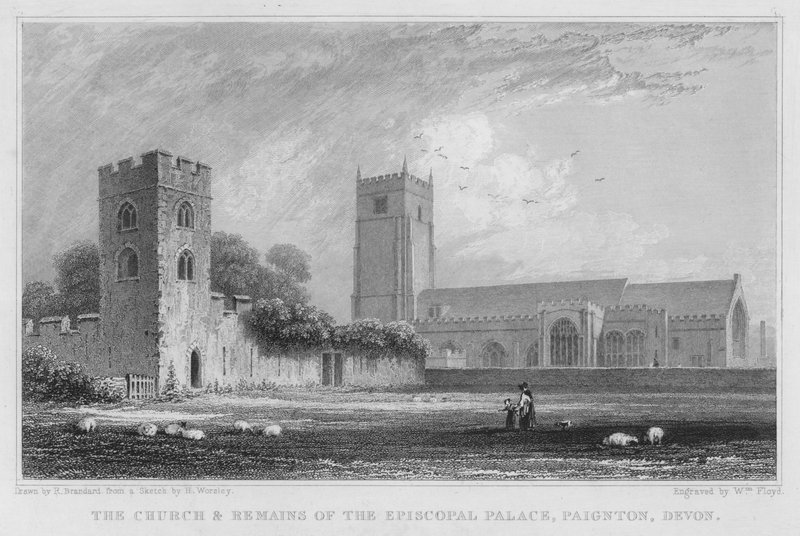 Kostel a pozůstatky biskupského paláce, Paignton, Devon (rytina) od Robert Brandard
