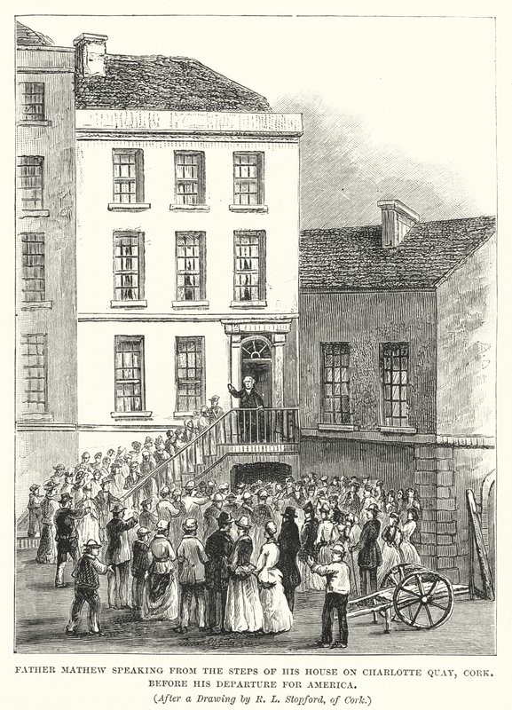Otec Mathew mluví ze schodů svého domu na Charlotte Quay, Cork, před svým odjezdem do Ameriky (rytina) od Robert L. Stopford
