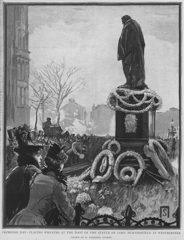 Pokládání věnců u sochy anglického státníka Benjamina Disraeliho na Primrose Day, výročí jeho smrti, Westminster, Londýn od Robert Ponsonby (after) Staples