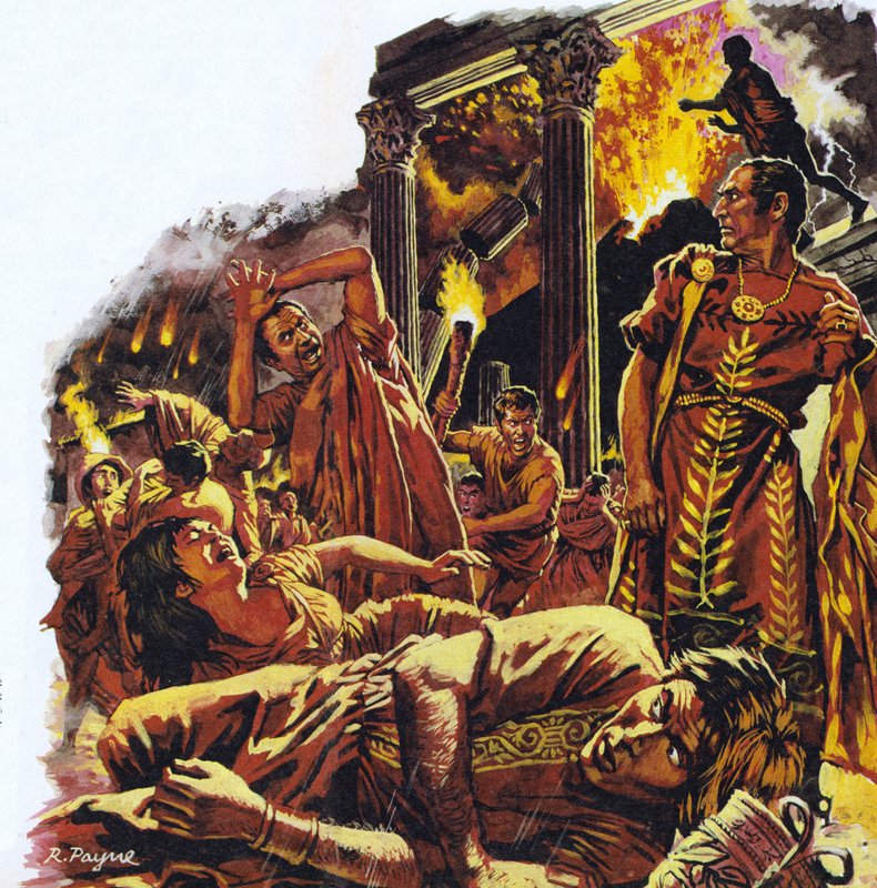 Pompeje během erupce Vesuvu (barevná litografie) od Roger Payne