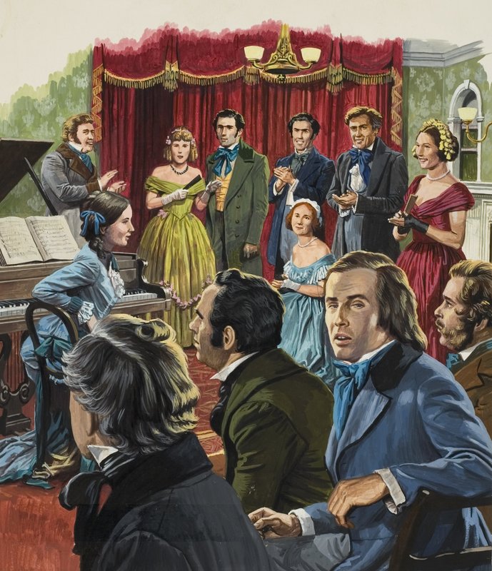 Robert Schumann (1810-1856) na recitálu svého díla (kvaš na papíře) od Roger Payne