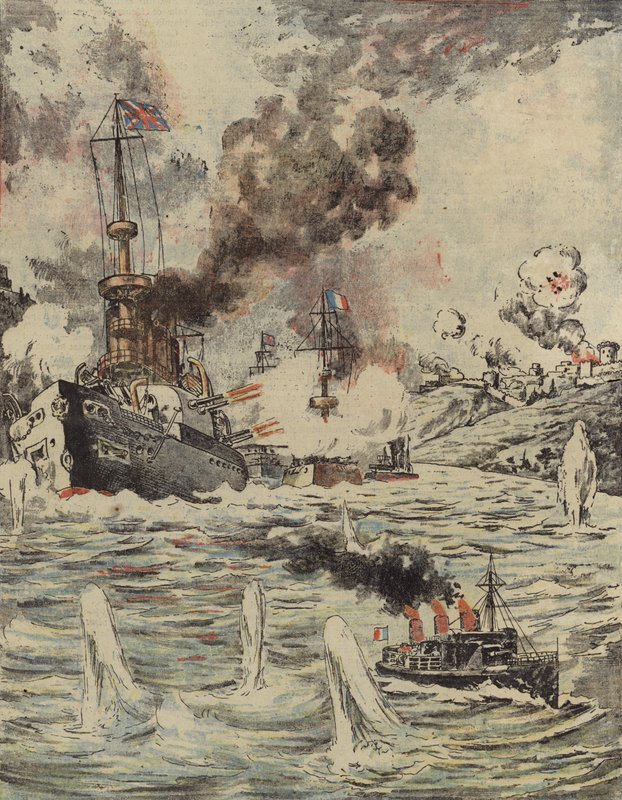 Britské a francouzské válečné lodě bombardující turecké pozice v Dardanelách, 1915 od Romanian School