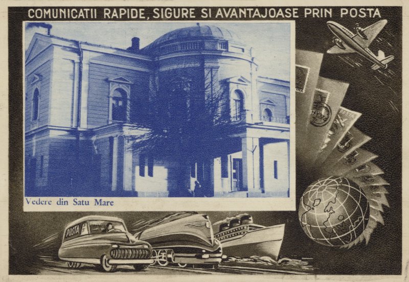 Rumunská pohlednice propagující poštovní službu od Romanian School