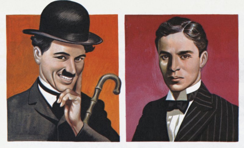 Charlie Chaplin v kostýmu a ve skutečnosti (barevná litografie) od Ron Embleton