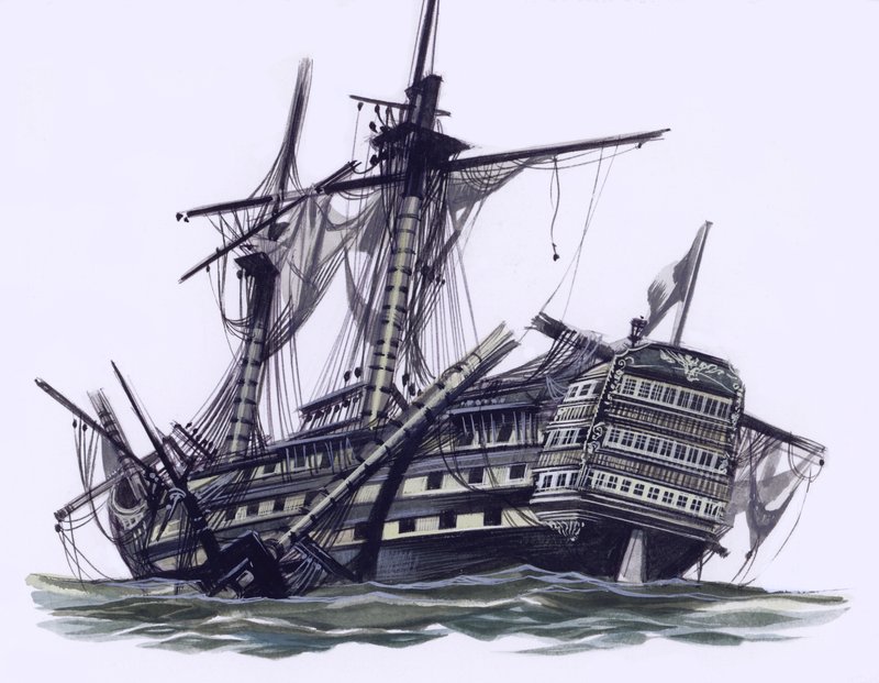Loď HMS Victory po bitvě u Trafalgaru, s odstřeleným horním stěžněm (kvaš na papíře) od Ron Embleton