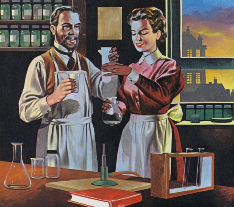 Pierre a Marie Curieovi v laboratoři v Paříži (barevná litografie) od Ron Embleton