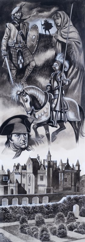Skotský hrad a osobnosti skotské historie (kvaš na papíře) od Ron Embleton