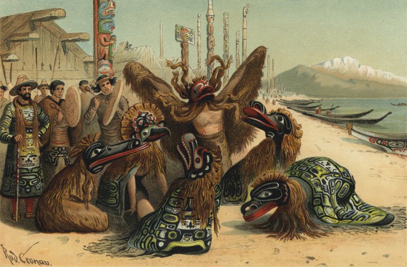Maskový tanec obyvatel Nuxalků z Britské Kolumbie od Rudolf Cronau