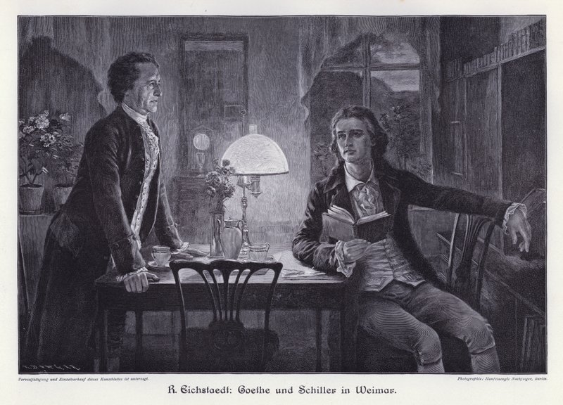 Němečtí spisovatelé Friedrich Schiller a Johann Wolfgang von Goethe ve Výmaru (rytina) od Rudolf Eichstaedt