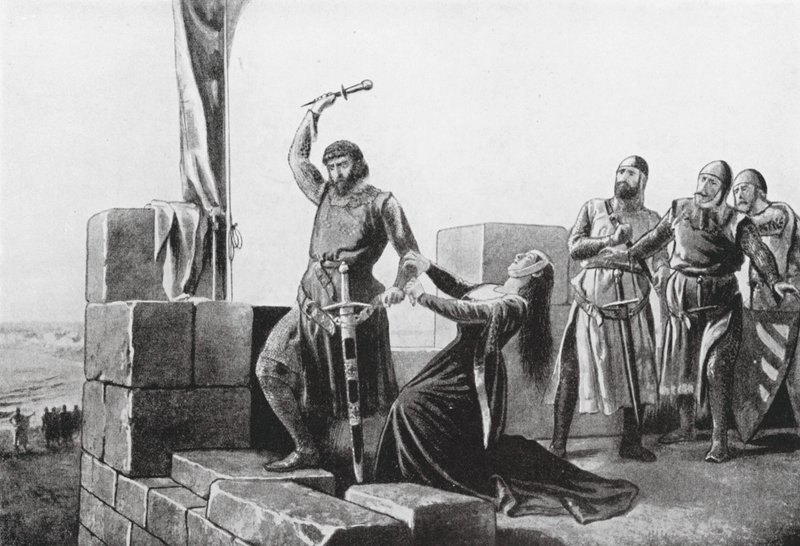Alonso de Guzman hází dýku Donu Juanovi (litografie) od Salvador (after) Martinez Cubells