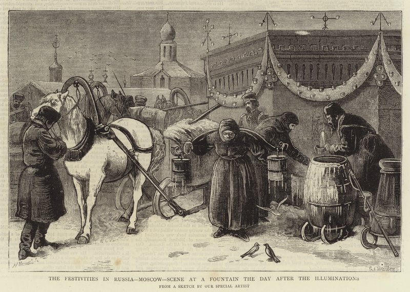 Slavnosti v Rusku, Moskva, Scéna u fontány den po Iluminacích od Samuel Edmund Waller