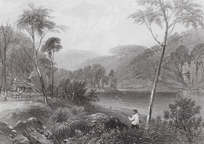 Austrálie: Fairlight Glen, na řece Warragamba (rytina) od Samuel (after) Prout